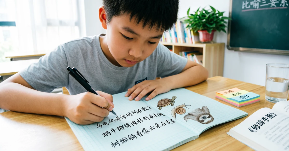 A classroom writing scene showing students learning slow similes with examples like snail and turtle for creative English writing