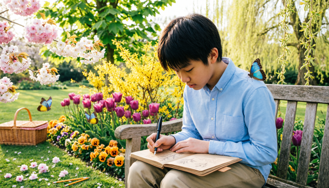 Colorful spring landscape with blooming flowers, green trees, butterflies, and bright sunshine illustrating spring simile examples and descriptive writing concepts.