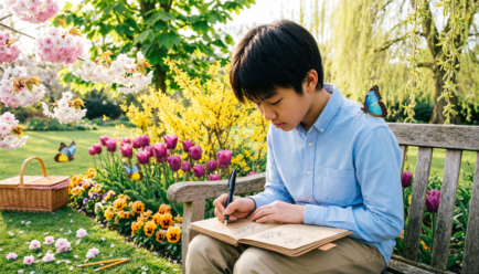 Colorful spring landscape with blooming flowers, green trees, butterflies, and bright sunshine illustrating spring simile examples and descriptive writing concepts.