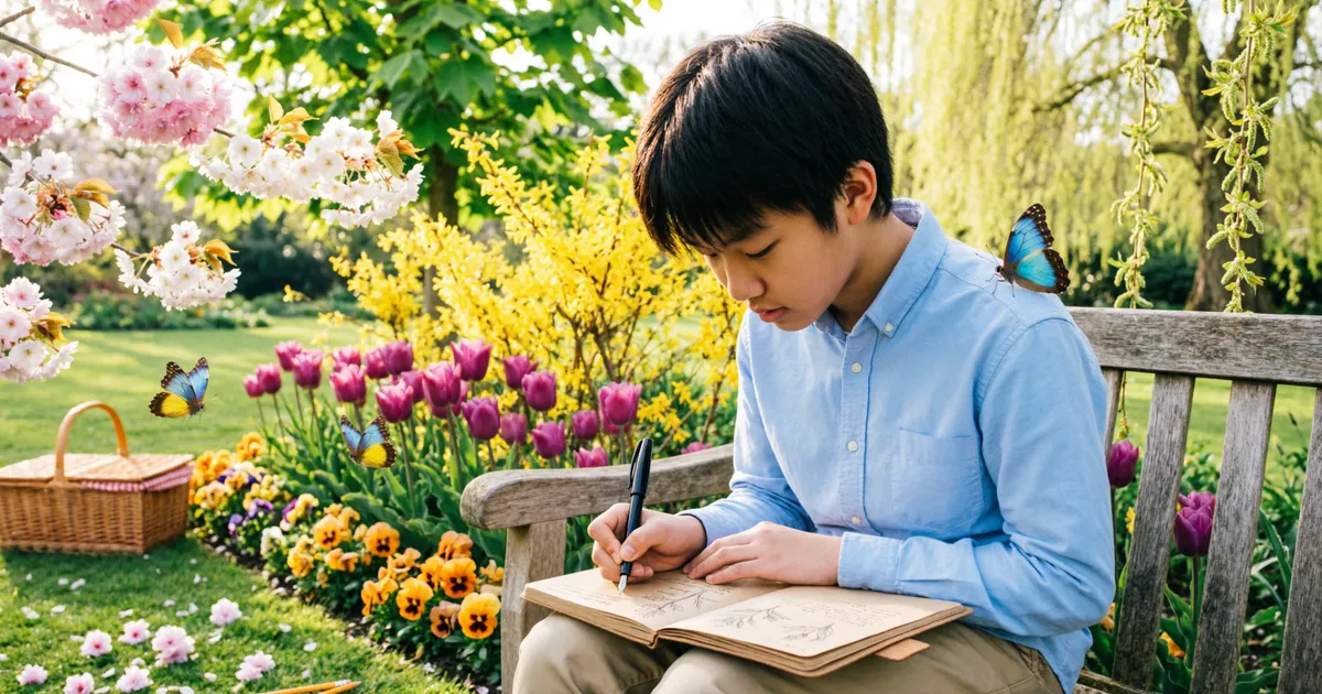 Colorful spring landscape with blooming flowers, green trees, butterflies, and bright sunshine illustrating spring simile examples and descriptive writing concepts.