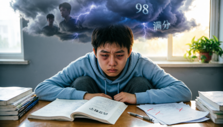 Illustration of a stressed student sitting at a desk with books and papers, showing emotional pressure and stress simile examples in writing.