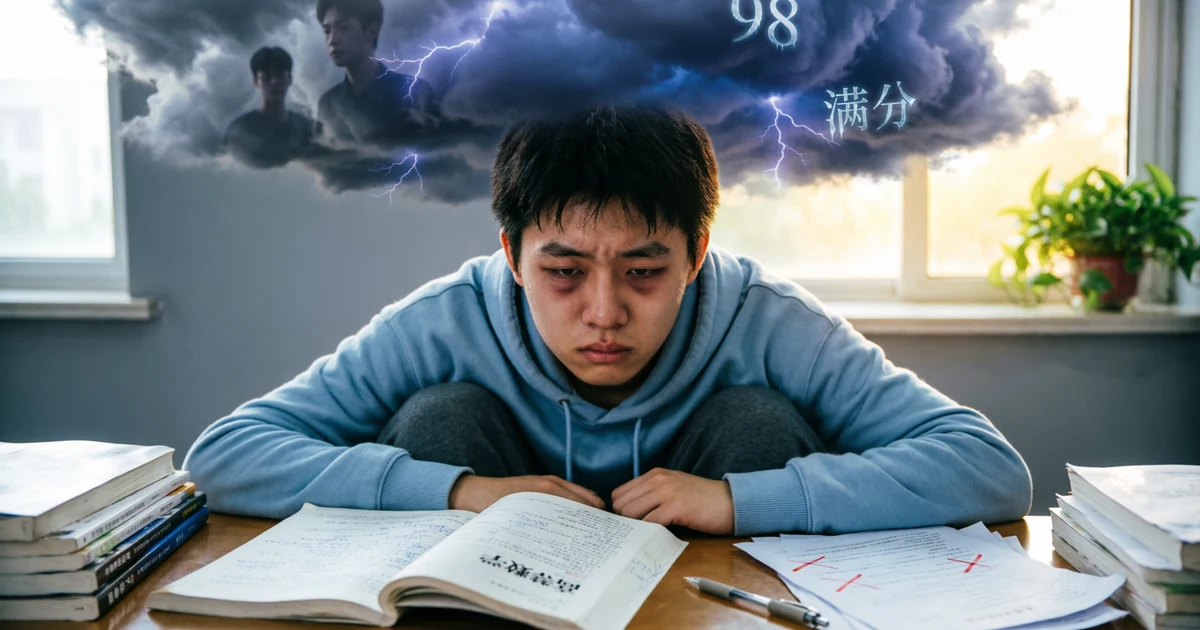 Illustration of a stressed student sitting at a desk with books and papers, showing emotional pressure and stress simile examples in writing.