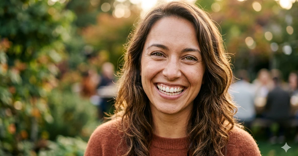 Person with a bright cheerful smile illustrating smile simile examples and descriptive writing techniques for creative writing and figurative language learning.