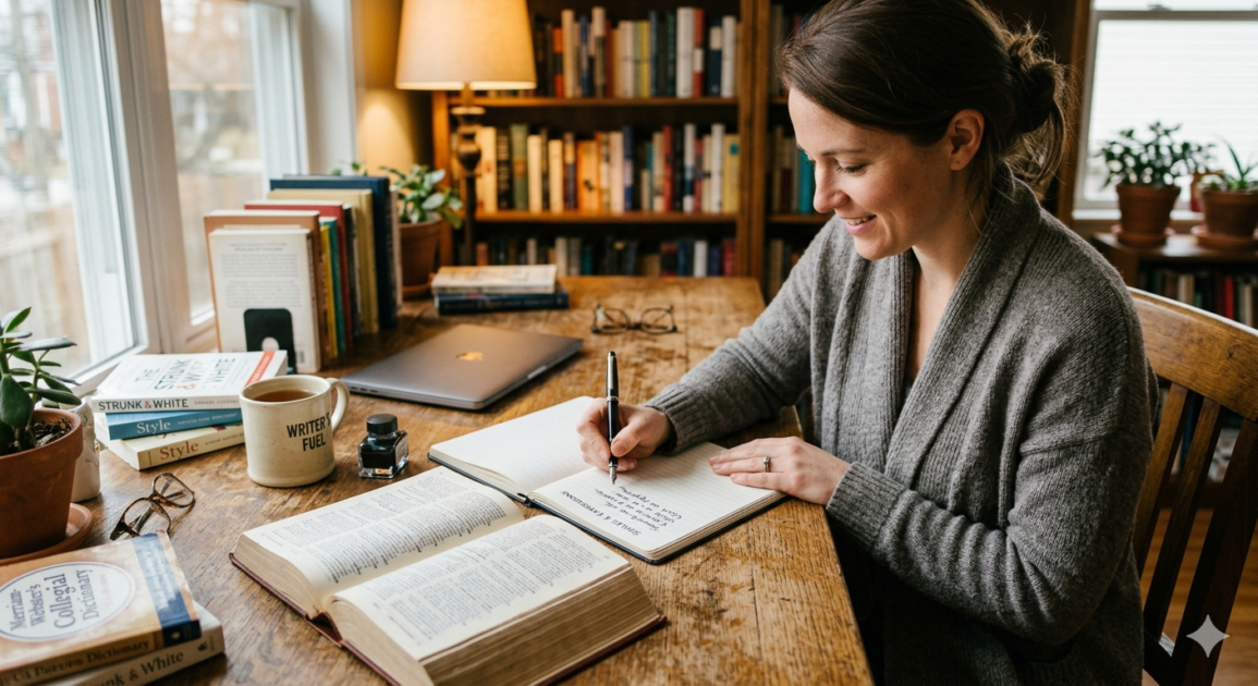 Illustration showing smooth simile examples such as as smooth as silk and as smooth as glass with a writer creating descriptive comparisons in a notebook.