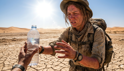 A traveler in a hot desert feeling extreme thirst and searching for water under a bright sun