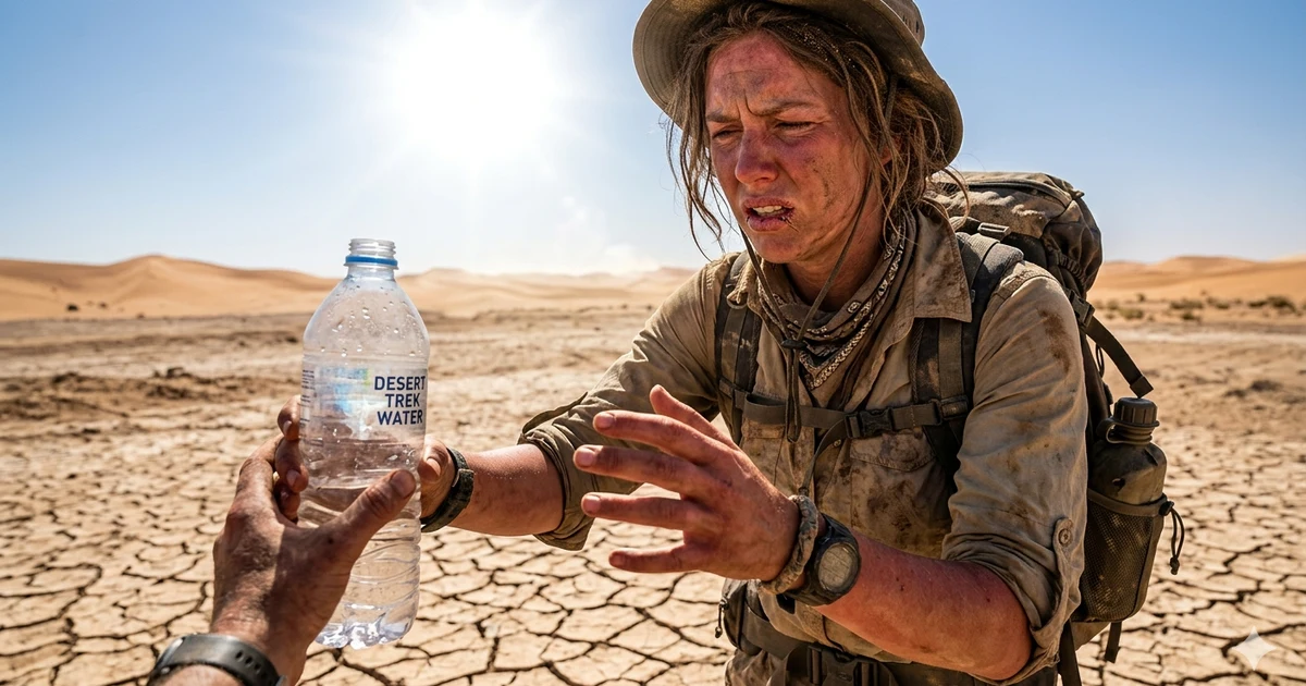 A traveler in a hot desert feeling extreme thirst and searching for water under a bright sun