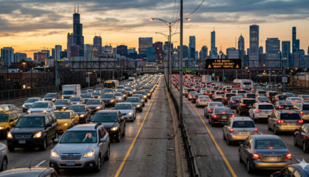 Heavy traffic jam on a crowded city highway showing cars packed together like sardines in a can, illustrating common similes for traffic congestion.