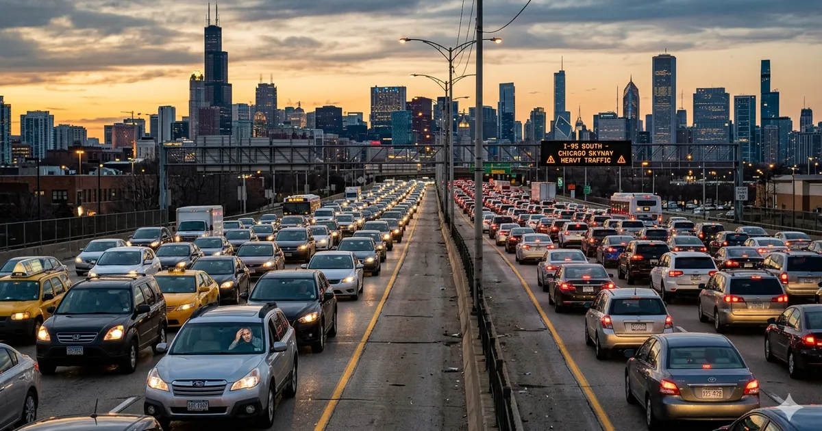Heavy traffic jam on a crowded city highway showing cars packed together like sardines in a can, illustrating common similes for traffic congestion.