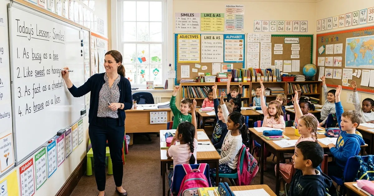 Students learning simple simile sentences on a classroom whiteboard with teacher explaining examples like as fast as a cheetah and like a lion