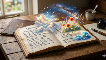 Open poetry book displaying simile examples with imaginative imagery of stars, flowers, clouds, and nature illustrating how similes enhance poetry and creative writing.