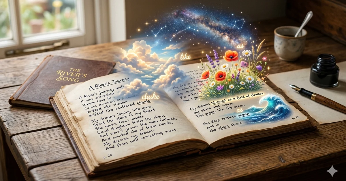 Open poetry book displaying simile examples with imaginative imagery of stars, flowers, clouds, and nature illustrating how similes enhance poetry and creative writing.