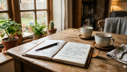 A steaming cup of tea on a wooden table with warm light in the background and a cozy writing notebook beside it