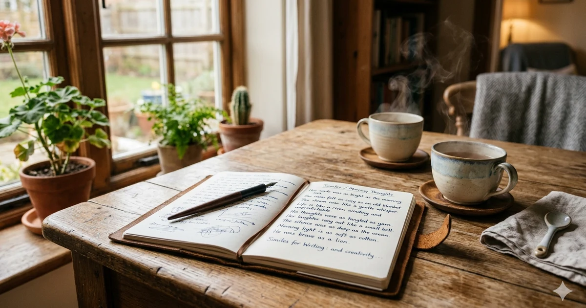 A steaming cup of tea on a wooden table with warm light in the background and a cozy writing notebook beside it