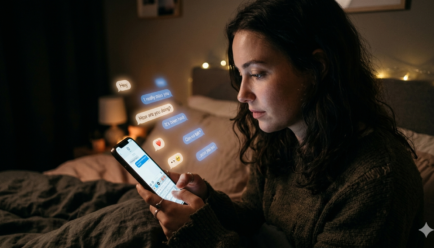 Person texting on a smartphone with glowing chat notifications during a late night conversation