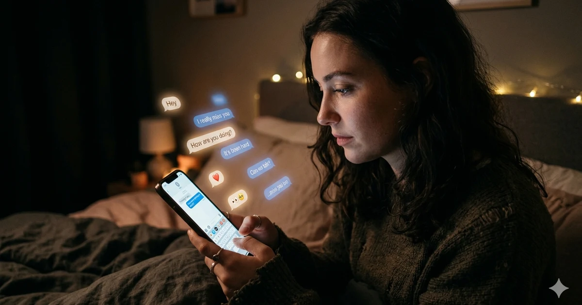 Person texting on a smartphone with glowing chat notifications during a late night conversation