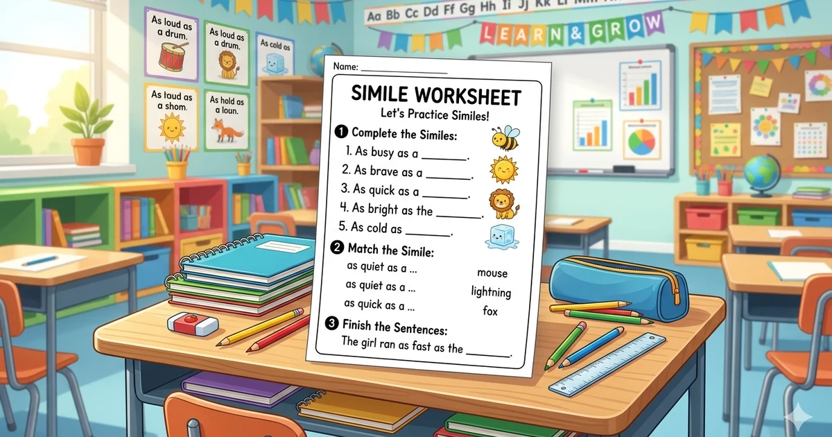 Free printable simile worksheet PDF with practice exercises and examples for students learning figurative language