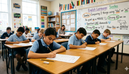 Student completing a simile quiz worksheet with examples and multiple choice questions about figurative language and similes.