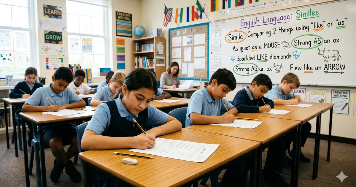Student completing a simile quiz worksheet with examples and multiple choice questions about figurative language and similes.