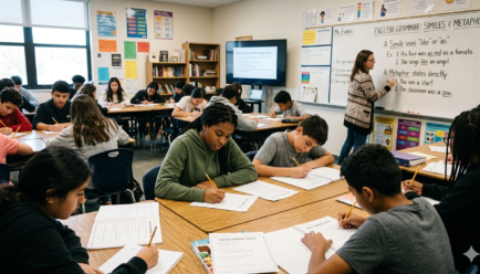 Students solving simile with answers worksheet in classroom with teacher explaining examples on whiteboard