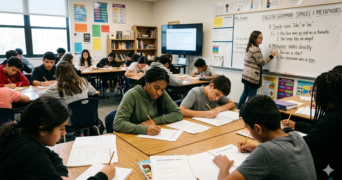 Students solving simile with answers worksheet in classroom with teacher explaining examples on whiteboard