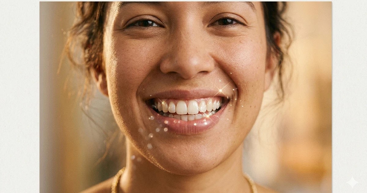 Close up smile showing bright white teeth with creative simile inspired visual style