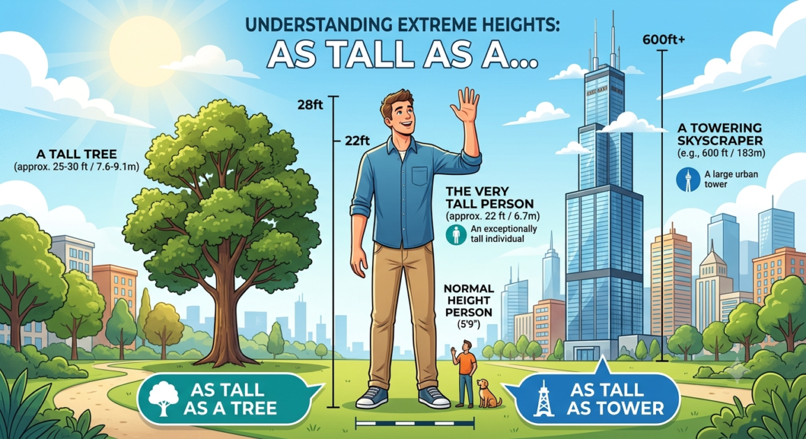 Illustration showing tall simile examples such as "as tall as a tree" and "as tall as a tower" with a tall person, a tree, and a skyscraper.