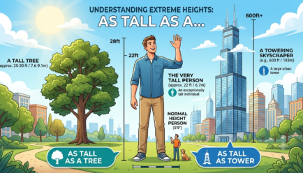 Illustration showing tall simile examples such as "as tall as a tree" and "as tall as a tower" with a tall person, a tree, and a skyscraper.