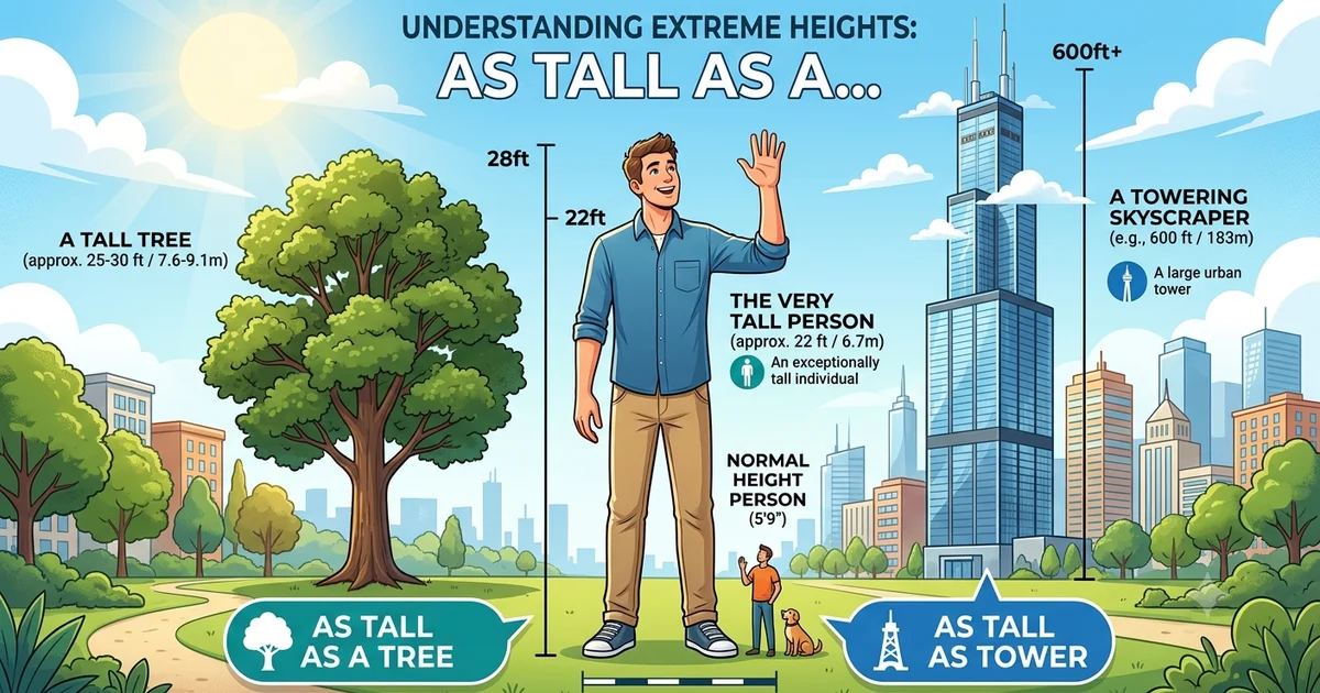 Illustration showing tall simile examples such as "as tall as a tree" and "as tall as a tower" with a tall person, a tree, and a skyscraper.