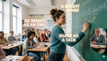 Illustration showing smart simile examples such as as smart as an owl and as clever as a fox used in creative writing and English language learning.