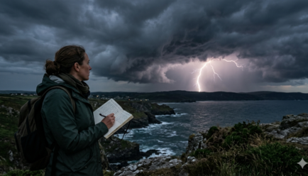 Dark storm clouds with bright lightning and loud thunder, illustrating simile for thunder examples used in creative writing