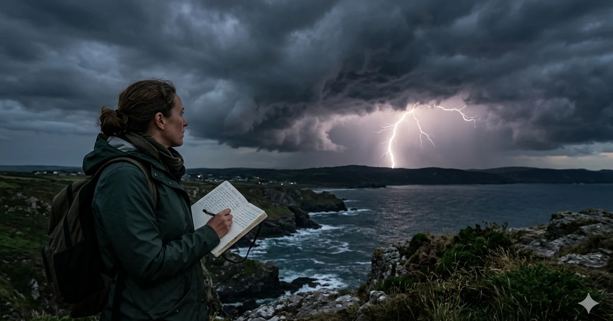 Dark storm clouds with bright lightning and loud thunder, illustrating simile for thunder examples used in creative writing