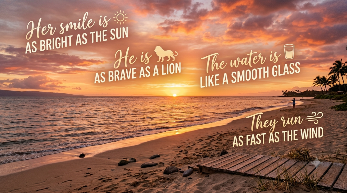 Beautiful sunset simile illustration showing a colorful sunset sky with examples of sunset comparisons in writing