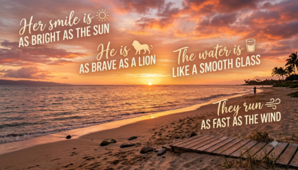 Beautiful sunset simile illustration showing a colorful sunset sky with examples of sunset comparisons in writing