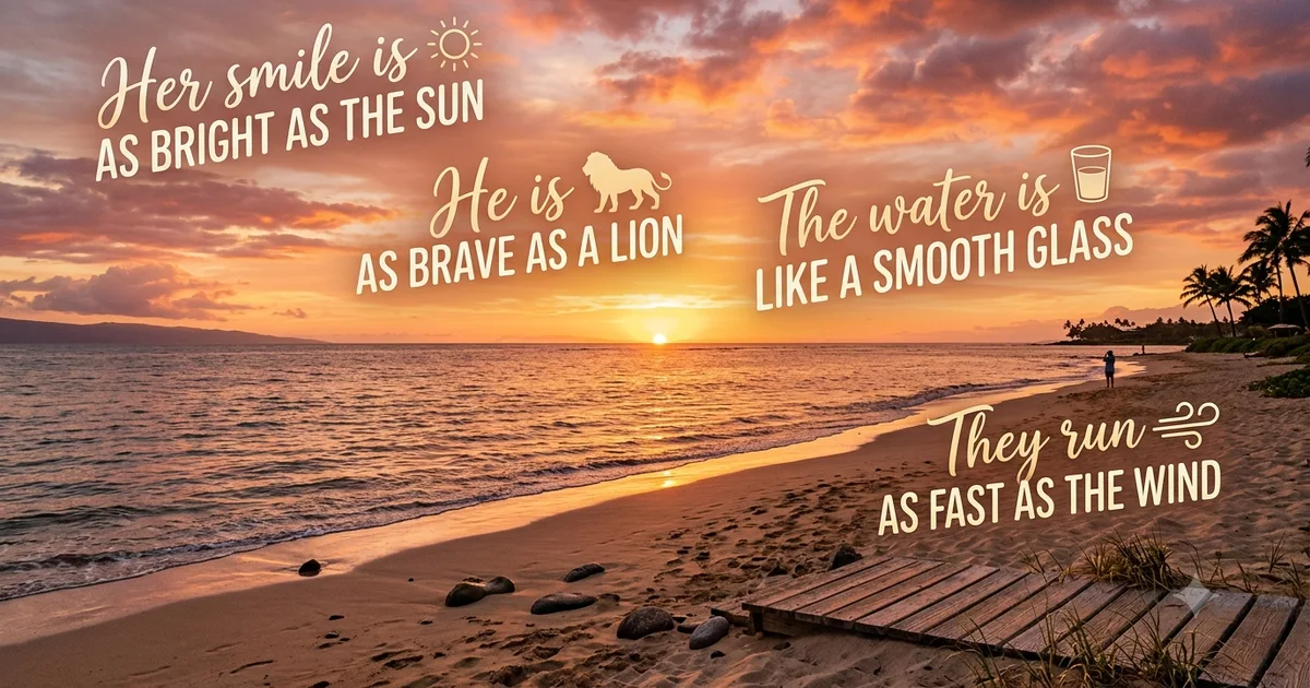 Beautiful sunset simile illustration showing a colorful sunset sky with examples of sunset comparisons in writing