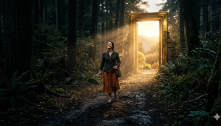 Person walking toward a glowing golden doorway symbolizing opportunity, hope, success, and new beginnings