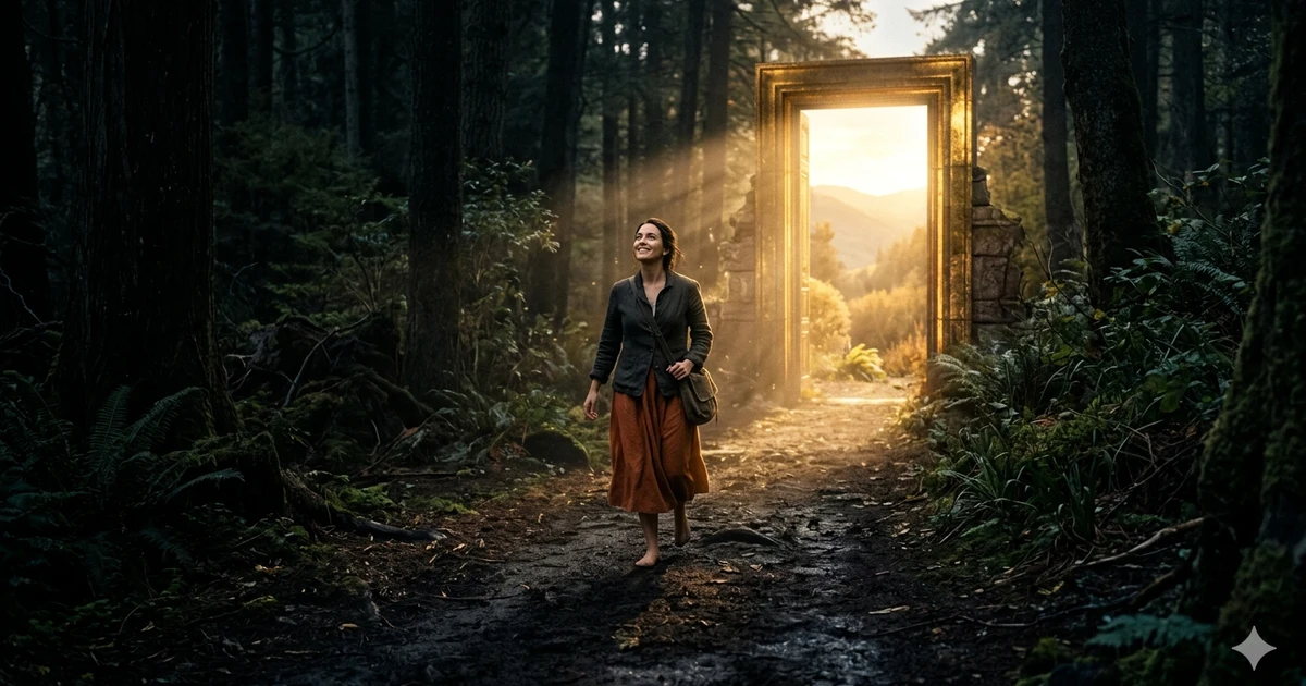 Person walking toward a glowing golden doorway symbolizing opportunity, hope, success, and new beginnings