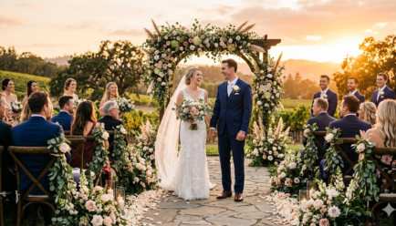 Romantic wedding ceremony with bride and groom surrounded by flowers, illustrating simile for weddings examples and creative writing comparisons.