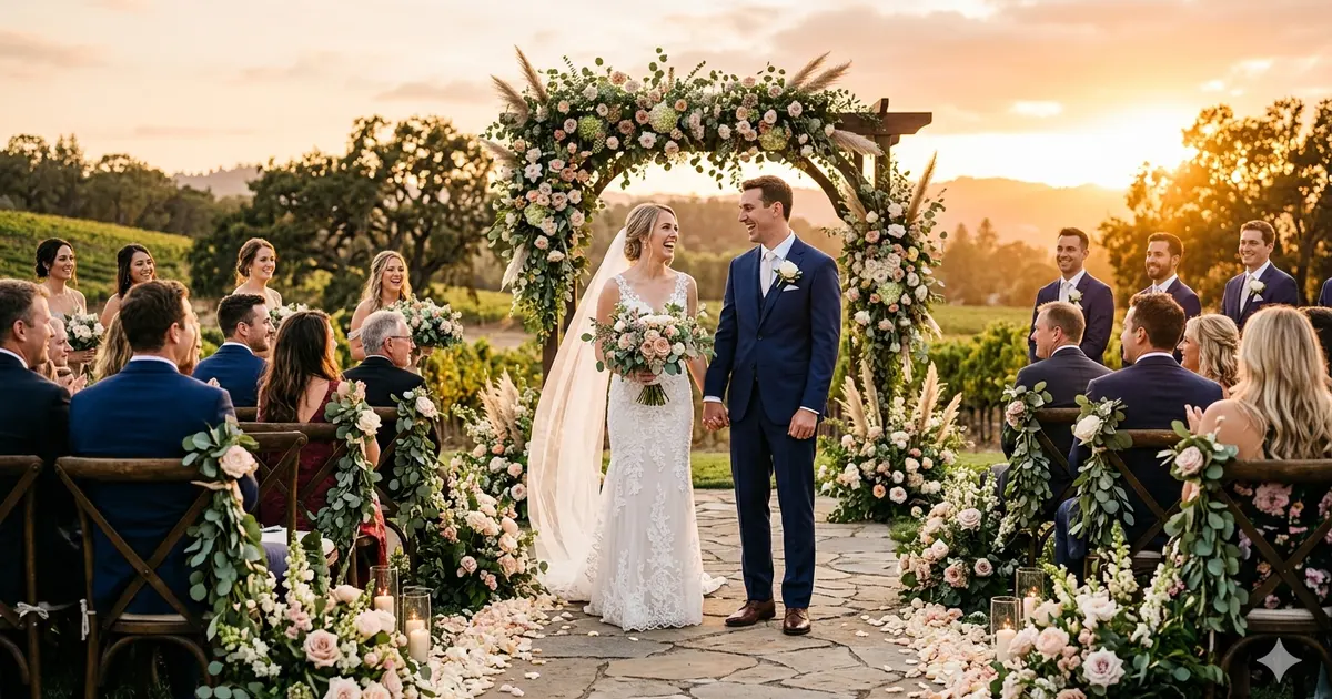 Romantic wedding ceremony with bride and groom surrounded by flowers, illustrating simile for weddings examples and creative writing comparisons.