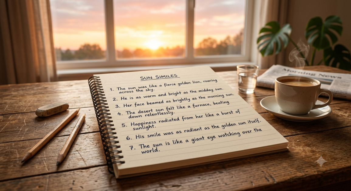 Notebook showing sun simile examples with a bright sunrise in the background representing figurative language and creative writing.