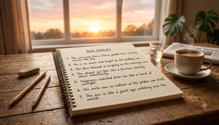 Notebook showing sun simile examples with a bright sunrise in the background representing figurative language and creative writing.