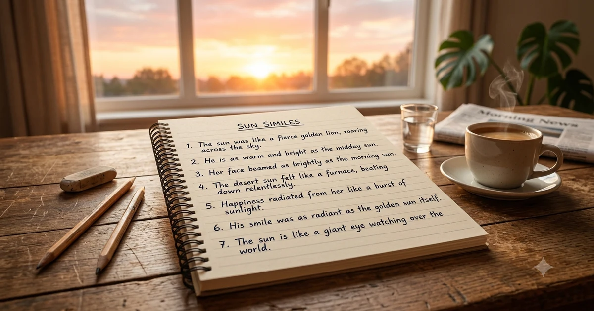 Notebook showing sun simile examples with a bright sunrise in the background representing figurative language and creative writing.