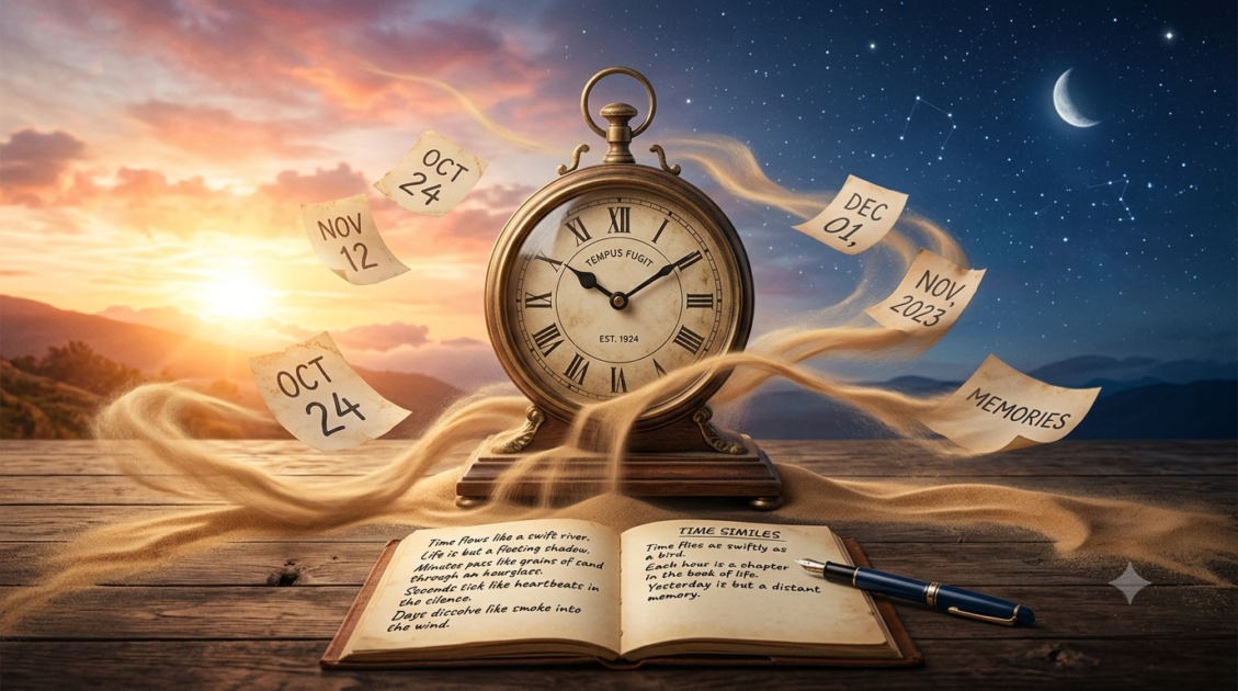 Illustration of a vintage clock with flowing sand and calendar pages showing time simile examples for creative writing and English learning.