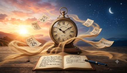 Illustration of a vintage clock with flowing sand and calendar pages showing time simile examples for creative writing and English learning.
