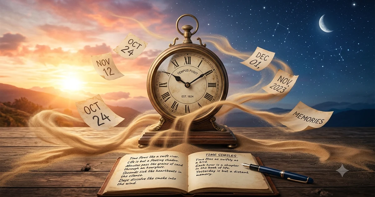 Illustration of a vintage clock with flowing sand and calendar pages showing time simile examples for creative writing and English learning.