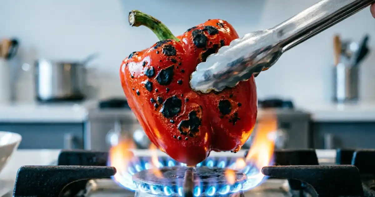 : Metal tongs holding a blistered, charred red bell pepper directly over a blue gas burner flame.