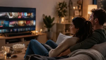 Two adults relaxing on a sofa during a cozy movie night, watching TV with snacks and drinks in a modern living room.
