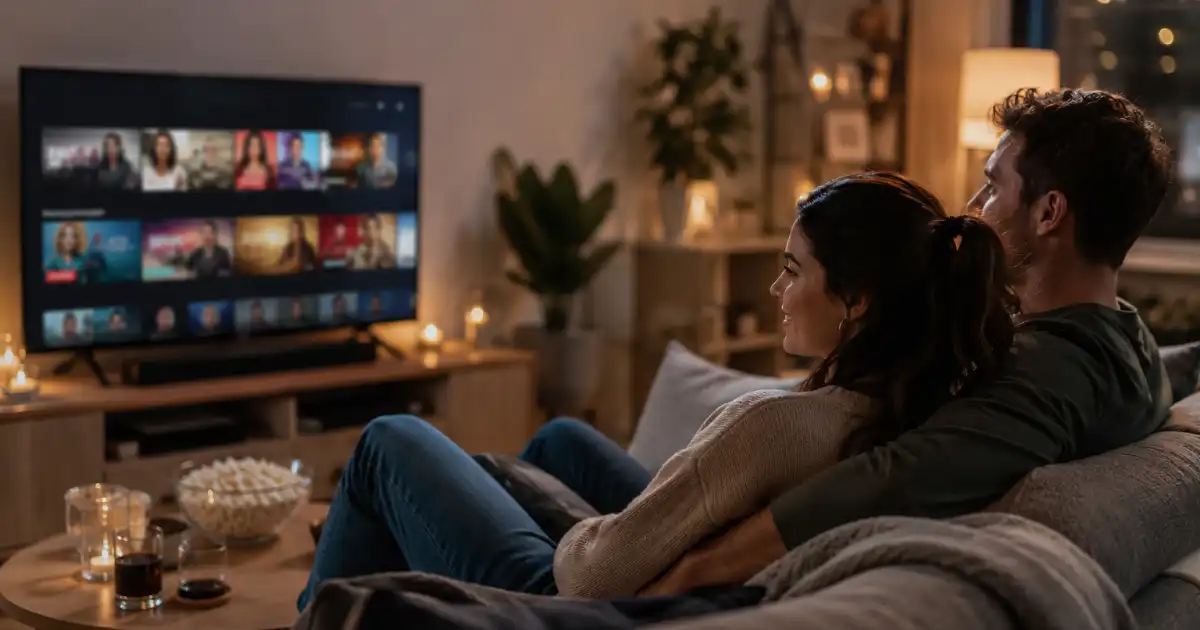 Two adults relaxing on a sofa during a cozy movie night, watching TV with snacks and drinks in a modern living room.