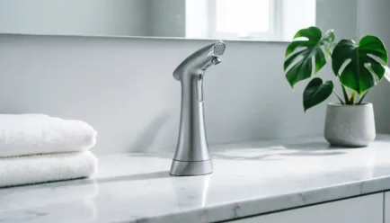 Sleek handheld bidet sprayer on minimalist white bathroom countertop with folded towels and monstera plant for improved personal hygiene