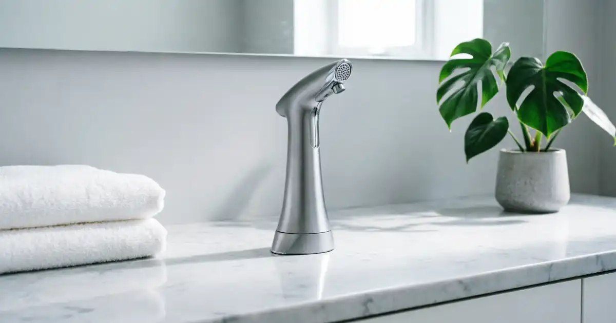 Sleek handheld bidet sprayer on minimalist white bathroom countertop with folded towels and monstera plant for improved personal hygiene