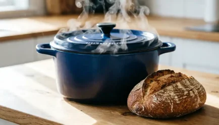 Deep blue enameled cast iron Dutch oven with steam rising from the lid, sitting next to a rustic artisan bread loaf on a light wooden kitchen counter in natural morning light.